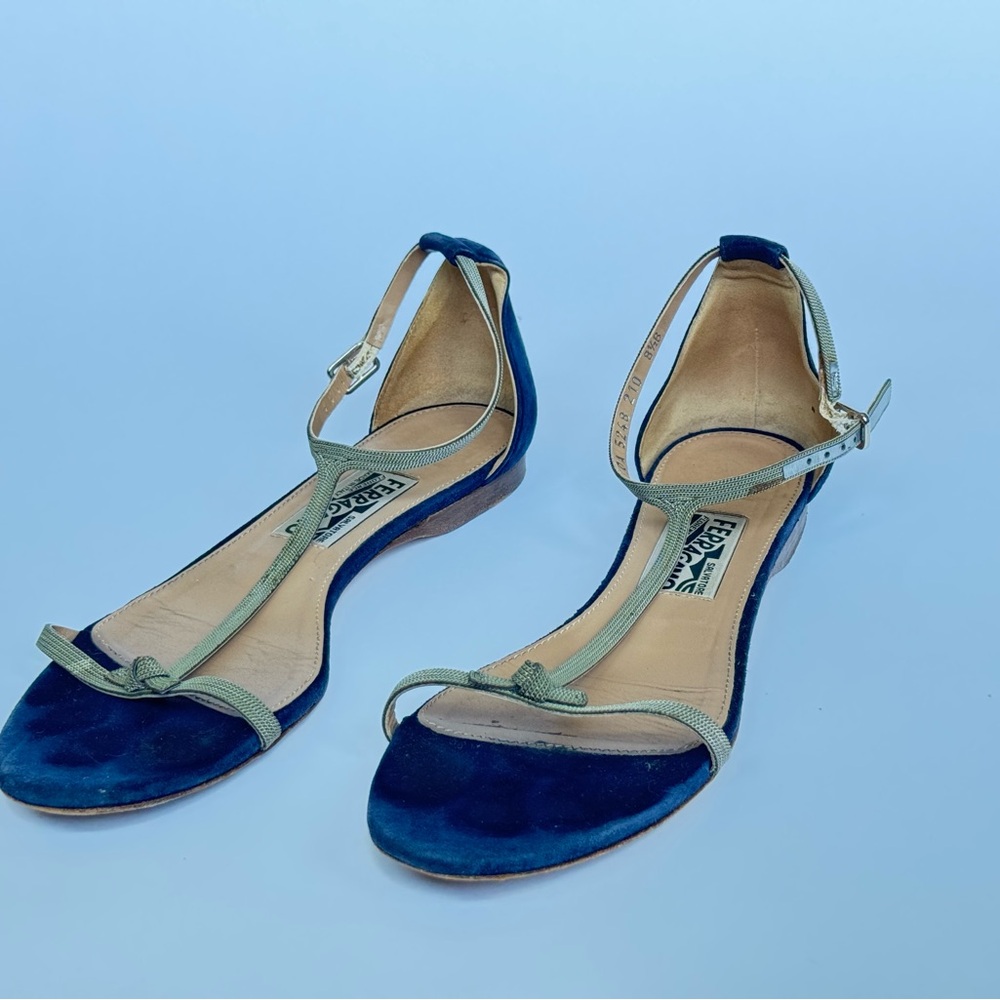 Salvatore Ferragamo Women's Vintage Blue Suede and Chainmail Sandals, Size 8.5